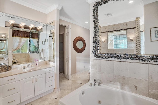 15595 Chandelle Pl, Wellington, FL 33414 - bathroom with ornamental molding, a tub with jets, vanity, and tiled shower