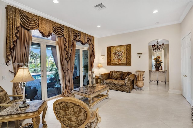 15595 Chandelle Pl, Wellington, FL 33414 - living area with a chandelier, ornamental molding, recessed lighting, french doors, and light tile patterned floors