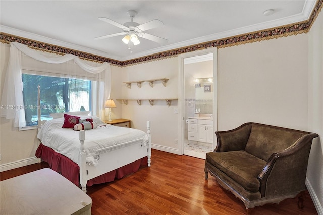 15595 Chandelle Pl, Wellington, FL 33414 - bedroom featuring crown molding, wood finished floors, connected bathroom, and ceiling fan