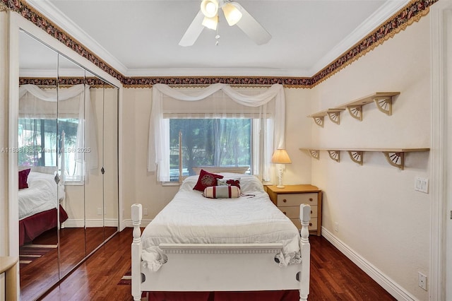 15595 Chandelle Pl, Wellington, FL 33414 - bedroom featuring multiple windows, crown molding, dark wood-style floors, and ceiling fan