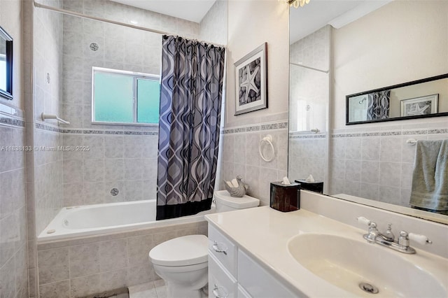 15595 Chandelle Pl, Wellington, FL 33414 - bathroom featuring tile walls, tiled shower / bath combo, vanity, and tile patterned flooring
