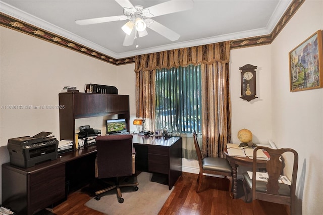 15595 Chandelle Pl, Wellington, FL 33414 - office area featuring crown molding, dark wood-style floors, and ceiling fan