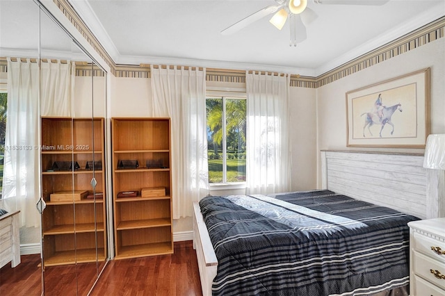 15595 Chandelle Pl, Wellington, FL 33414 - bedroom with wood finished floors, a ceiling fan, and ornamental molding