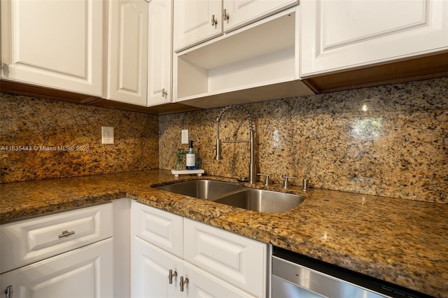 8010 SW 18th Ct Unit 1-8, Davie, FL 33324 - kitchen featuring white cabinets, stainless steel dishwasher, tasteful backsplash, and dark stone countertops