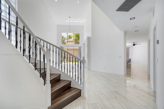5050 Greenwich Preserve Ct, Boynton Beach, FL 33436 - stairs with a high ceiling, recessed lighting, and a ceiling fan