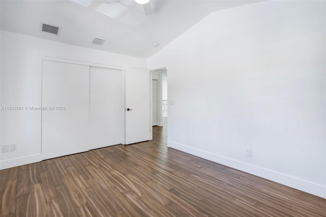 5050 Greenwich Preserve Ct, Boynton Beach, FL 33436 - unfurnished bedroom with lofted ceiling, wood finished floors, a closet, and a ceiling fan