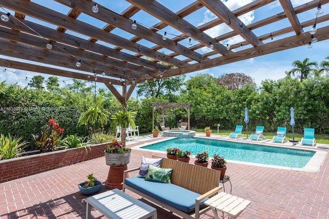6957 SW 148th Ter, Palmetto Bay, FL 33158 - view of swimming pool with a pergola, a patio area, a pool with connected hot tub, and view of scattered trees