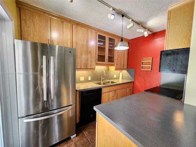2451 SW 16th St, Fort Lauderdale, FL 33312 - kitchen with black appliances, glass insert cabinets, pendant lighting, a textured ceiling, and brown cabinetry