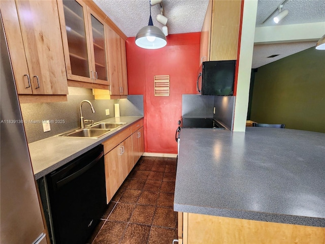 2451 SW 16th St, Fort Lauderdale, FL 33312 - kitchen featuring black appliances, a textured ceiling, glass insert cabinets, decorative light fixtures, and rail lighting