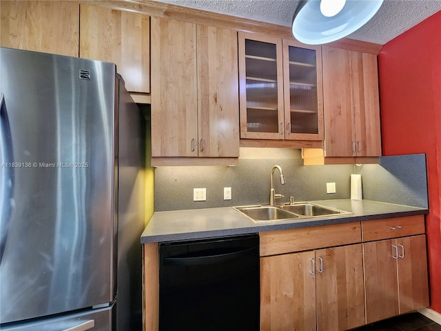 2451 SW 16th St, Fort Lauderdale, FL 33312 - kitchen with freestanding refrigerator, dishwasher, a textured ceiling, glass insert cabinets, and tasteful backsplash
