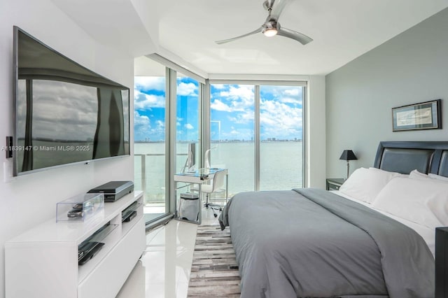 2900 NE 7th Ave Unit 404, Miami, FL 33137 - bedroom with access to outside, floor to ceiling windows, a water view, and ceiling fan