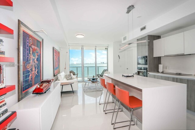 2900 NE 7th Ave Unit 404, Miami, FL 33137 - kitchen featuring black microwave, modern cabinets, expansive windows, stainless steel oven, and light countertops