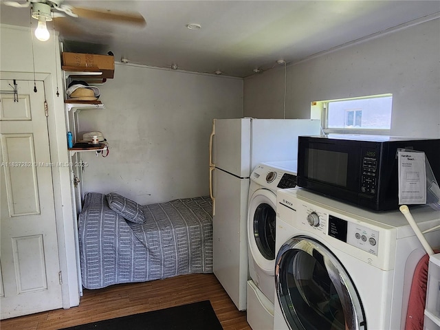 3521 E 8th Ave, Hialeah, FL 33013 - laundry room featuring washer and clothes dryer, wood finished floors, and a ceiling fan