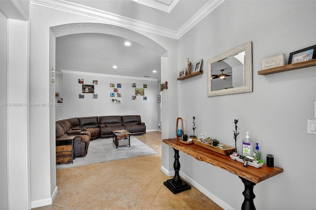 1086 Grove Park Cir, Boynton Beach, FL 33436 - living room with arched walkways, light tile patterned floors, crown molding, and recessed lighting