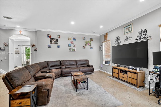 1086 Grove Park Cir, Boynton Beach, FL 33436 - living area featuring light tile patterned flooring, recessed lighting, arched walkways, and ornamental molding