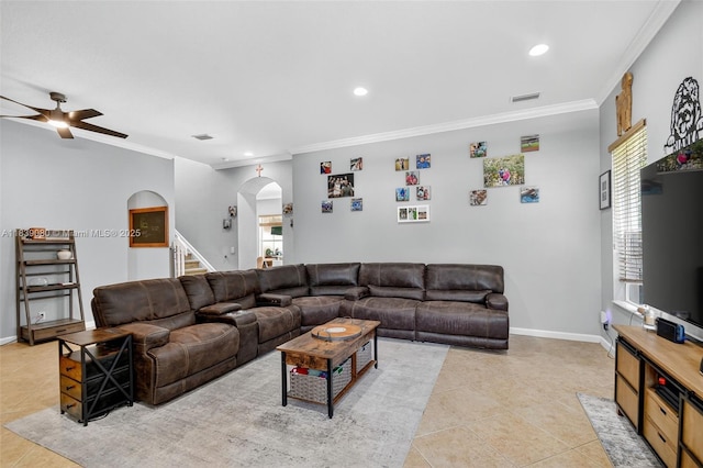 1086 Grove Park Cir, Boynton Beach, FL 33436 - living room featuring arched walkways, light tile patterned flooring, ornamental molding, ceiling fan, and recessed lighting