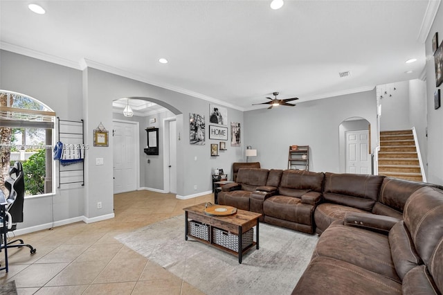 1086 Grove Park Cir, Boynton Beach, FL 33436 - living area featuring arched walkways, light tile patterned floors, a ceiling fan, recessed lighting, and ornamental molding