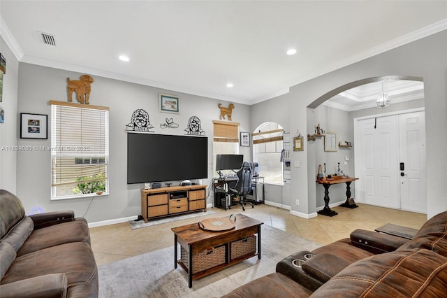 1086 Grove Park Cir, Boynton Beach, FL 33436 - living room featuring arched walkways, light tile patterned floors, recessed lighting, and ornamental molding