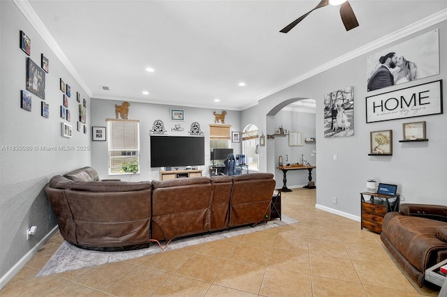 1086 Grove Park Cir, Boynton Beach, FL 33436 - living area with arched walkways, light tile patterned flooring, a ceiling fan, ornamental molding, and recessed lighting