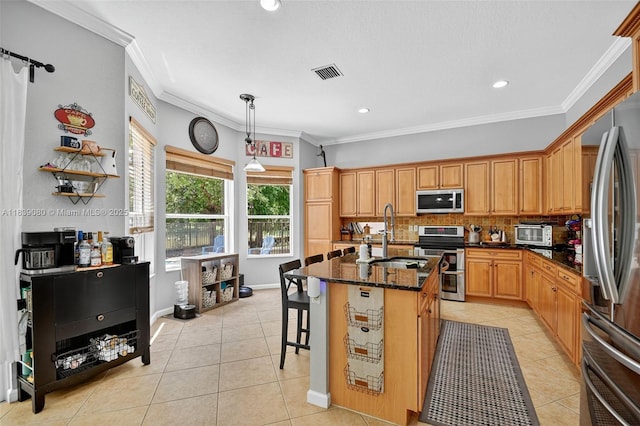 1086 Grove Park Cir, Boynton Beach, FL 33436 - kitchen featuring stainless steel appliances, light tile patterned floors, decorative backsplash, crown molding, and dark stone counters