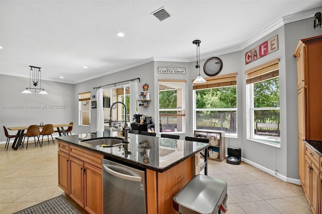 1086 Grove Park Cir, Boynton Beach, FL 33436 - kitchen featuring dishwasher, light tile patterned flooring, brown cabinets, ornamental molding, and dark stone counters