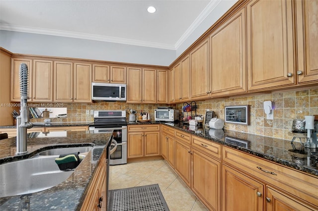 1086 Grove Park Cir, Boynton Beach, FL 33436 - kitchen featuring stainless steel appliances, backsplash, light tile patterned floors, ornamental molding, and dark stone counters