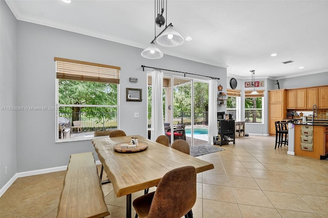 1086 Grove Park Cir, Boynton Beach, FL 33436 - dining room with light tile patterned floors, ornamental molding, and recessed lighting