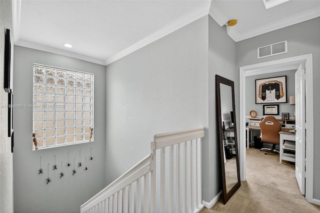 1086 Grove Park Cir, Boynton Beach, FL 33436 - hallway with ornamental molding, carpet floors, a desk, and an upstairs landing