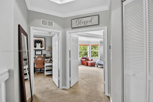 1086 Grove Park Cir, Boynton Beach, FL 33436 - hall featuring crown molding, light colored carpet, and an office area