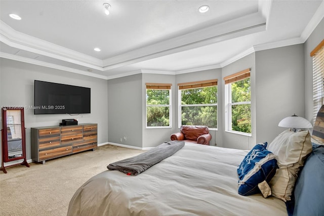 1086 Grove Park Cir, Boynton Beach, FL 33436 - bedroom featuring a tray ceiling, carpet, multiple windows, recessed lighting, and ornamental molding