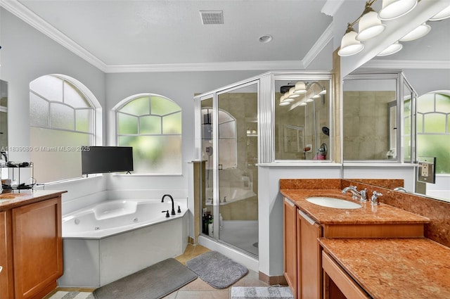 1086 Grove Park Cir, Boynton Beach, FL 33436 - bathroom featuring vanity, a shower stall, a whirlpool tub, crown molding, and tile patterned flooring