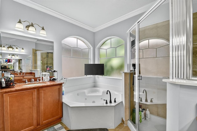 1086 Grove Park Cir, Boynton Beach, FL 33436 - bathroom featuring a stall shower, vanity, a tub with jets, ornamental molding, and tile patterned flooring