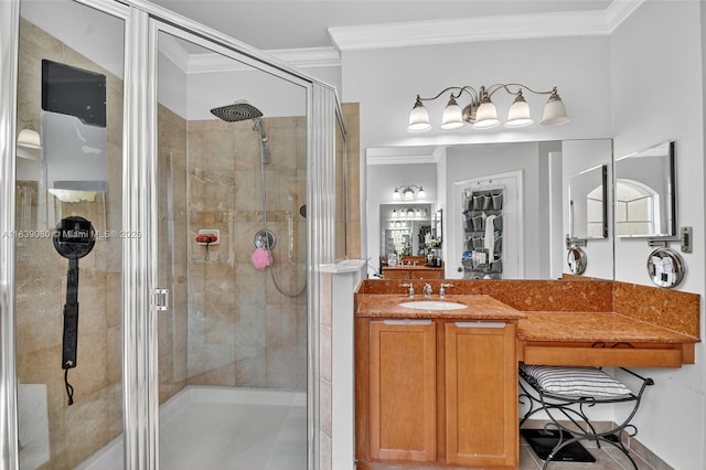 1086 Grove Park Cir, Boynton Beach, FL 33436 - bathroom featuring ornamental molding, a shower stall, and vanity