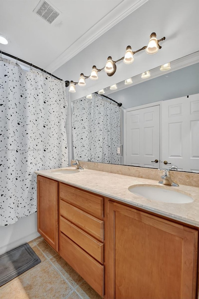 1086 Grove Park Cir, Boynton Beach, FL 33436 - full bath featuring double vanity, crown molding, and tile patterned flooring