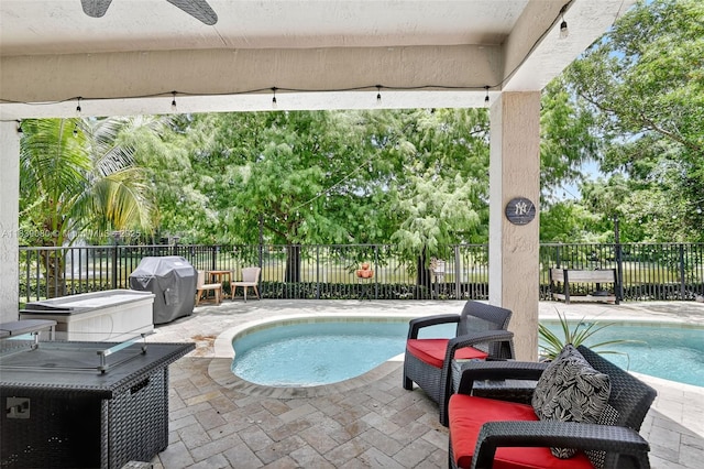 1086 Grove Park Cir, Boynton Beach, FL 33436 - view of pool featuring a grill, ceiling fan, a fenced backyard, and a patio area