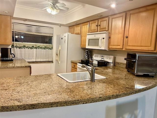 1206 Bahama Bnd Unit F2, Coconut Creek, FL 33066 - kitchen featuring white appliances, ceiling fan, ornamental molding, light stone countertops, and recessed lighting