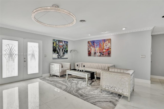 2321 SE 15th St, Pompano Beach, FL 33062 - living area with crown molding, french doors, and recessed lighting