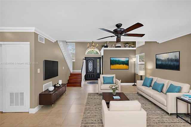 10871 SW 11th Mnr, Davie, FL 33324 - living area with light tile patterned floors, ceiling fan, stairway, and ornamental molding