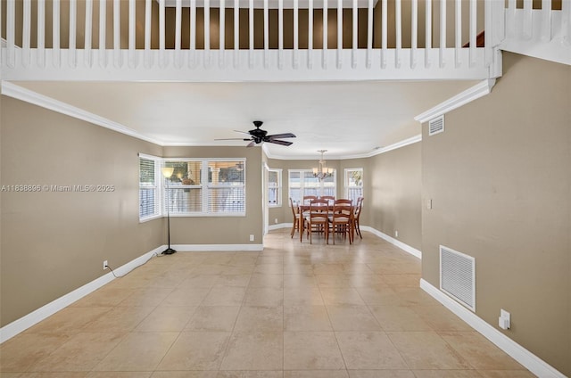 10871 SW 11th Mnr, Davie, FL 33324 - living room with ornamental molding, a chandelier, tile patterned flooring, and a ceiling fan