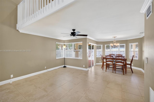 10871 SW 11th Mnr, Davie, FL 33324 - dining space with a chandelier, light tile patterned flooring, ornamental molding, and a ceiling fan