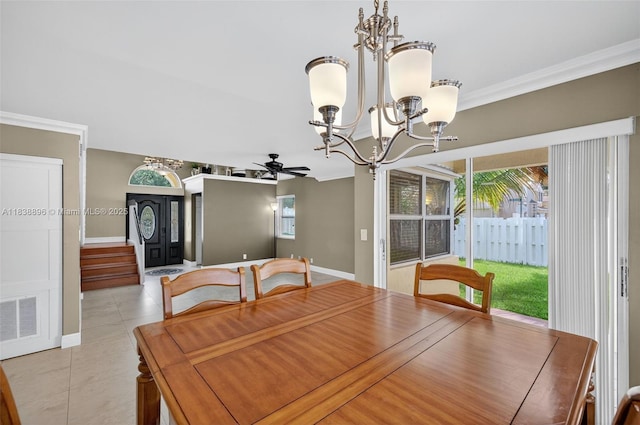 10871 SW 11th Mnr, Davie, FL 33324 - dining area featuring a chandelier, ceiling fan, light tile patterned floors, and ornamental molding