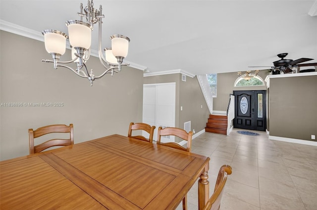 10871 SW 11th Mnr, Davie, FL 33324 - dining space featuring a chandelier, ceiling fan, light tile patterned floors, stairs, and crown molding