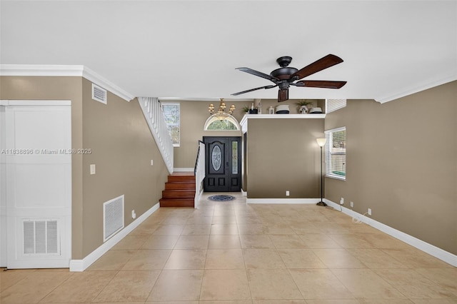 10871 SW 11th Mnr, Davie, FL 33324 - foyer featuring crown molding, a ceiling fan, light tile patterned flooring, and stairway