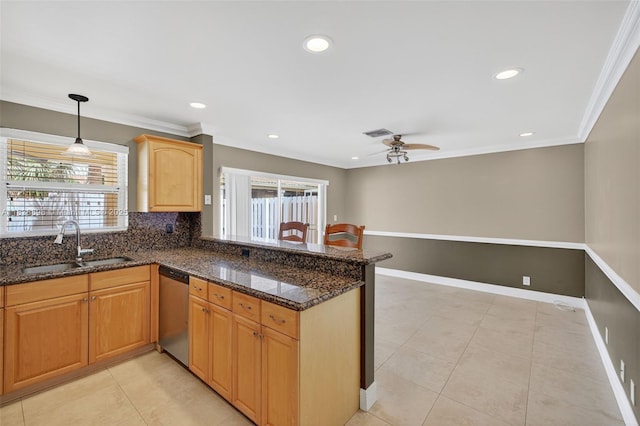 10871 SW 11th Mnr, Davie, FL 33324 - kitchen featuring stainless steel dishwasher, a peninsula, ornamental molding, recessed lighting, and a ceiling fan