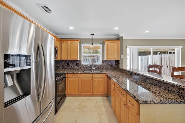 10871 SW 11th Mnr, Davie, FL 33324 - kitchen with appliances with stainless steel finishes, crown molding, tasteful backsplash, a peninsula, and dark stone countertops