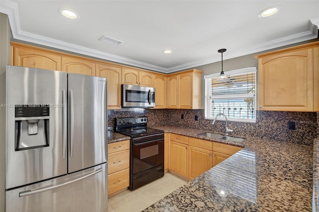10871 SW 11th Mnr, Davie, FL 33324 - kitchen featuring stainless steel appliances, light tile patterned flooring, light brown cabinetry, ornamental molding, and dark stone counters