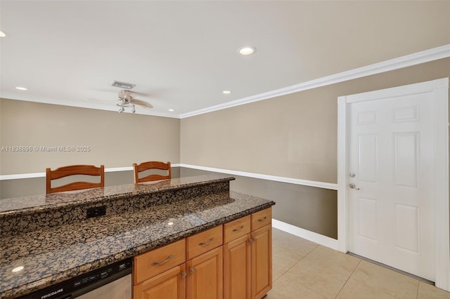 10871 SW 11th Mnr, Davie, FL 33324 - kitchen featuring dishwasher, a ceiling fan, ornamental molding, dark stone counters, and light tile patterned floors