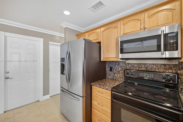 10871 SW 11th Mnr, Davie, FL 33324 - kitchen featuring appliances with stainless steel finishes, crown molding, light brown cabinetry, light tile patterned flooring, and decorative backsplash