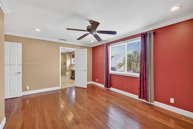10871 SW 11th Mnr, Davie, FL 33324 - unfurnished bedroom featuring wood-type flooring, crown molding, ensuite bathroom, recessed lighting, and a ceiling fan