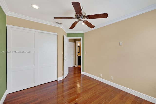 10871 SW 11th Mnr, Davie, FL 33324 - unfurnished bedroom with wood finished floors, a closet, crown molding, recessed lighting, and ceiling fan